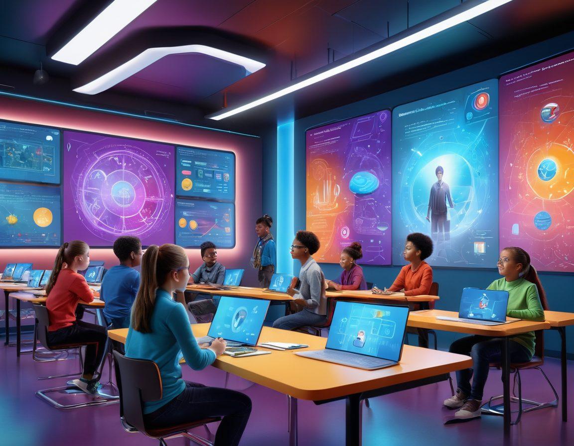 A futuristic classroom filled with diverse students engaged in virtual assessments, surrounded by digital screens showcasing interactive learning materials. Showcasing a teacher guiding through innovative content strategies, vibrant colors reflecting energy and creativity. Include elements like holographic displays and collaborative tools to highlight technology in education. super-realistic. vibrant colors. 3D.