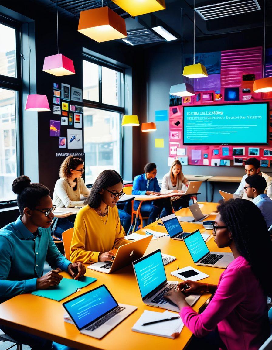 A diverse group of individuals engaging in blogging with laptops and digital tools in a modern, tech-filled environment. Incorporate elements of virtual classrooms, e-learning platforms, and vibrant digital interfaces. Showcase colorful books and notes in the background to represent knowledge sharing. The atmosphere should be dynamic and inspiring, reflecting creativity and innovation. super-realistic. vibrant colors. 3D.