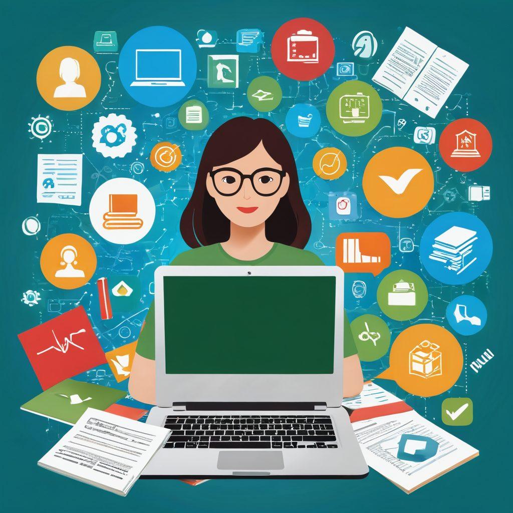 A visually engaging collage of a blogger at a laptop, surrounded by colorful educational icons like books, charts, and online quizzes. Include elements representing various web-based assessments, showcasing interaction and engagement. The background should feature a soft gradient of blue and green to symbolize a digital learning environment. super-realistic. vibrant colors. white background.